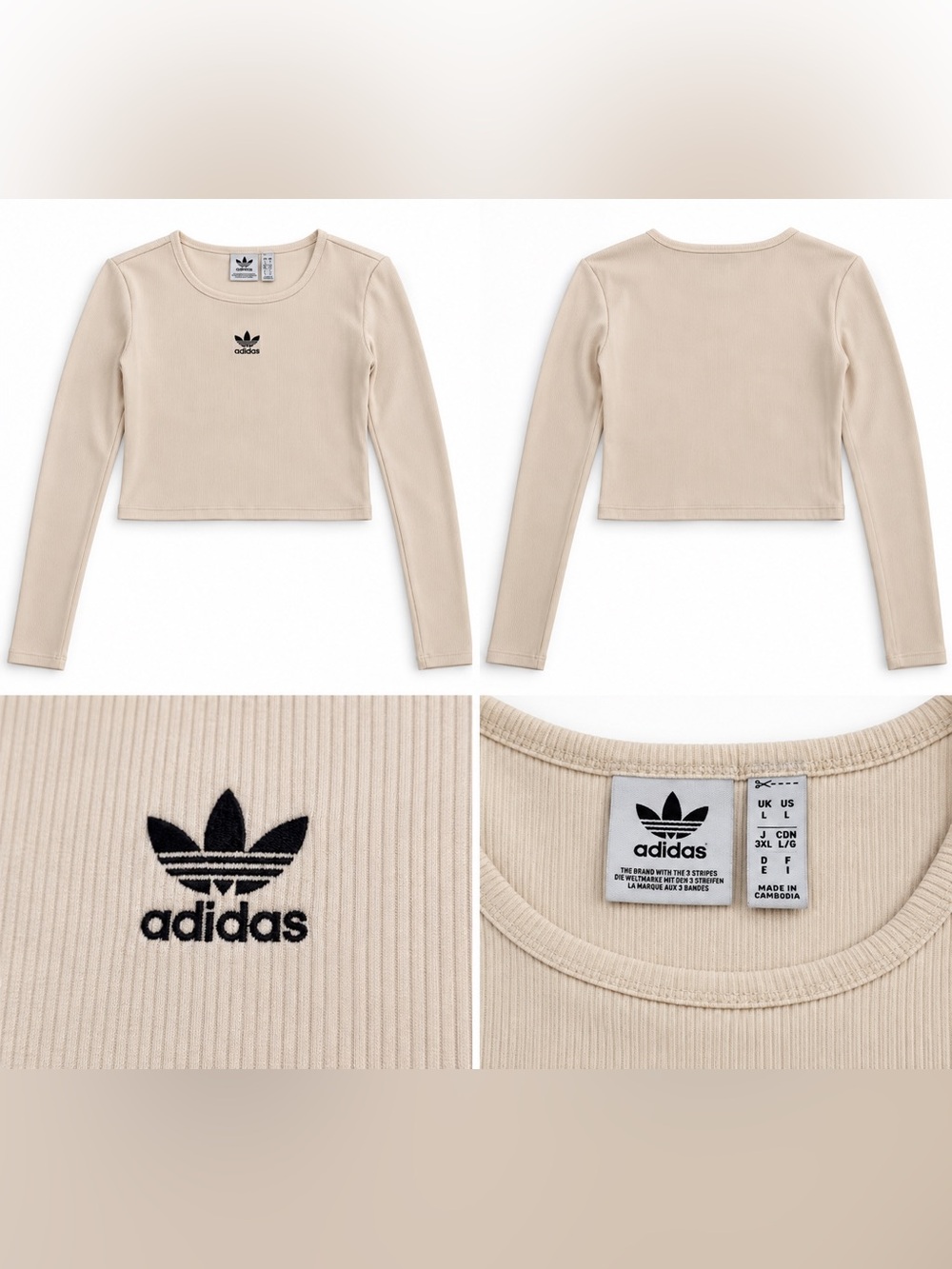 adidas Women's Ribbed Crew Crop Top in Beige with Trefoil